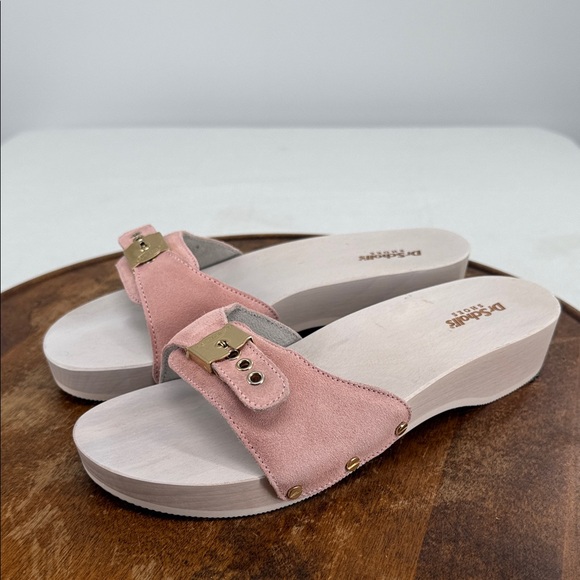 Dr Scholl's Sandals Wm 9 M Pink Suede Wooden Sole Slide Clog - Picture 1 of 12